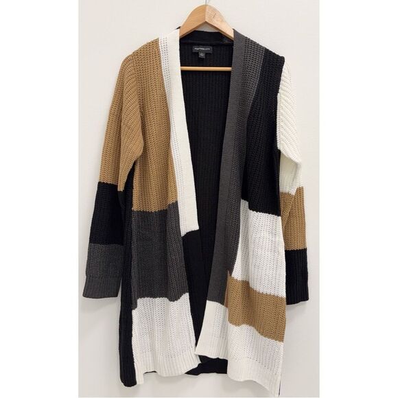 Fortune + Ivy Tan Black Cream Colorblock Open Cardigan Size Large - Picture 3 of 10